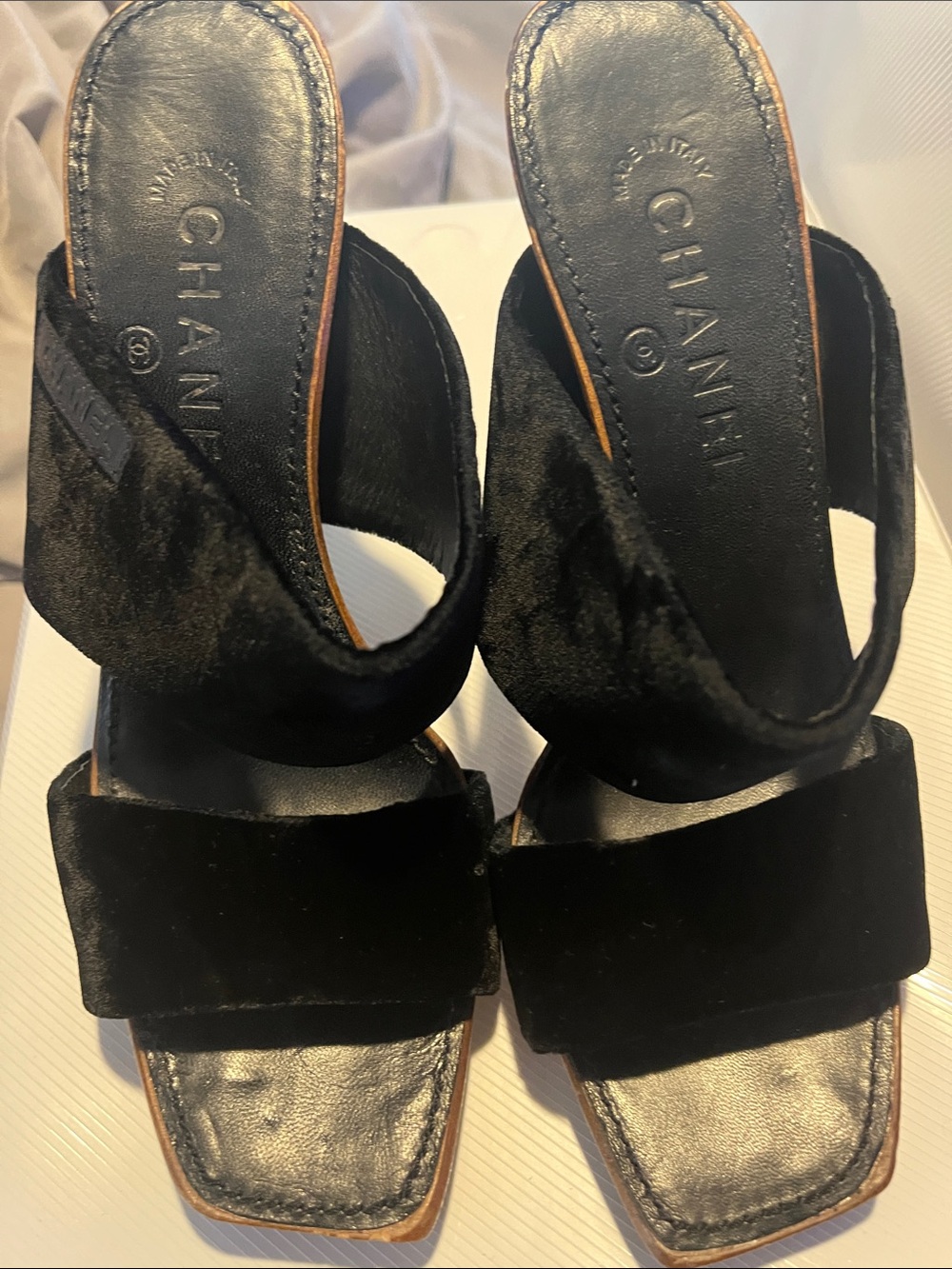 CHANEL Black Velvet Slide Mules